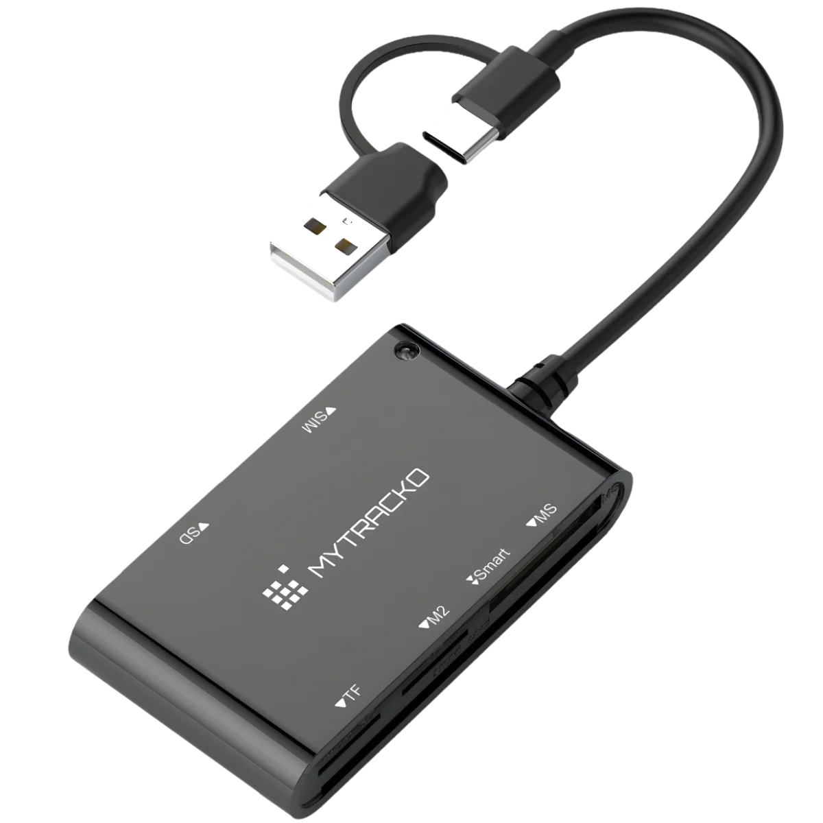 Czarny, mobilny czytnik kart kierowcy marki MT TACHO z logo MYTRACKO na obudowie, wyposażony w kabel USB ze zintegrowaną przejściówką USB-C na białym tle